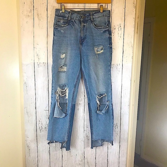 Zara Two Tone Raw Hem Straight Cut Jeans - Picture 6 of 16